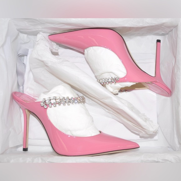 JIMMY CHOO Bing 100 Embellished Patent Leather Pink Mule Heels Size 38.5 / 8.5 - Picture 9 of 12